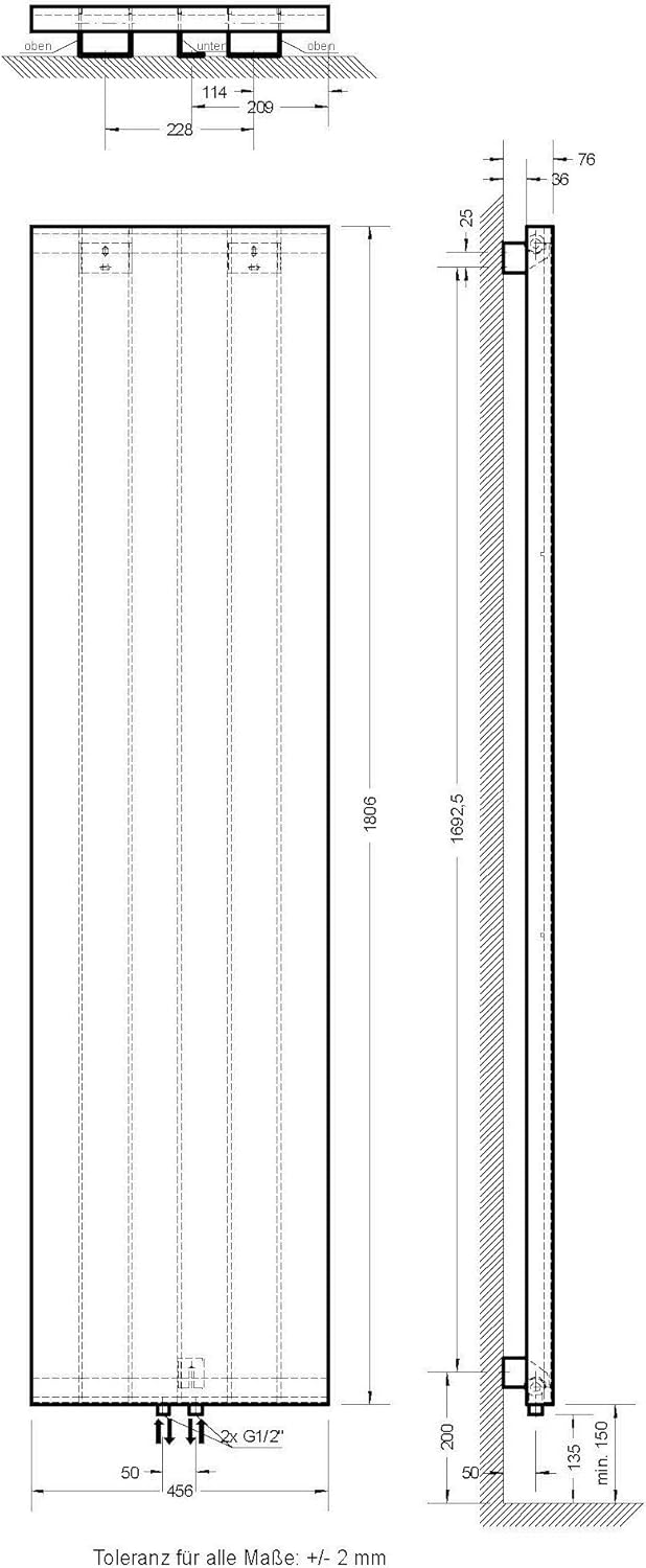 Heizkörper Milano mit Mittelanschluss, 180x45 cm, 805 Watt Leistung, Weiß, Design-Heizkörper für Zweirohrsysteme