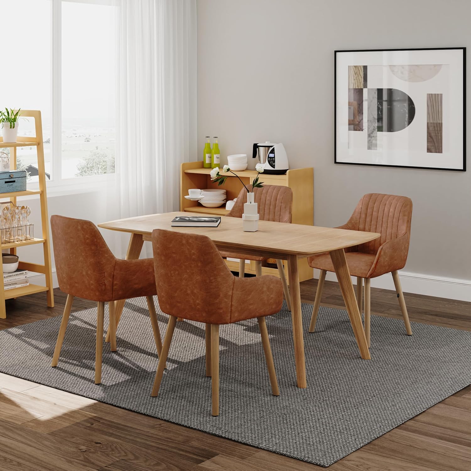6er Set Esszimmerstühle Kunstleder Braun mit Armlehne Küchenstuhl Polsterstuhl Stühle Esszimmer mit Gepolstertem Sitz und Holzbeine für Wohnzimmer