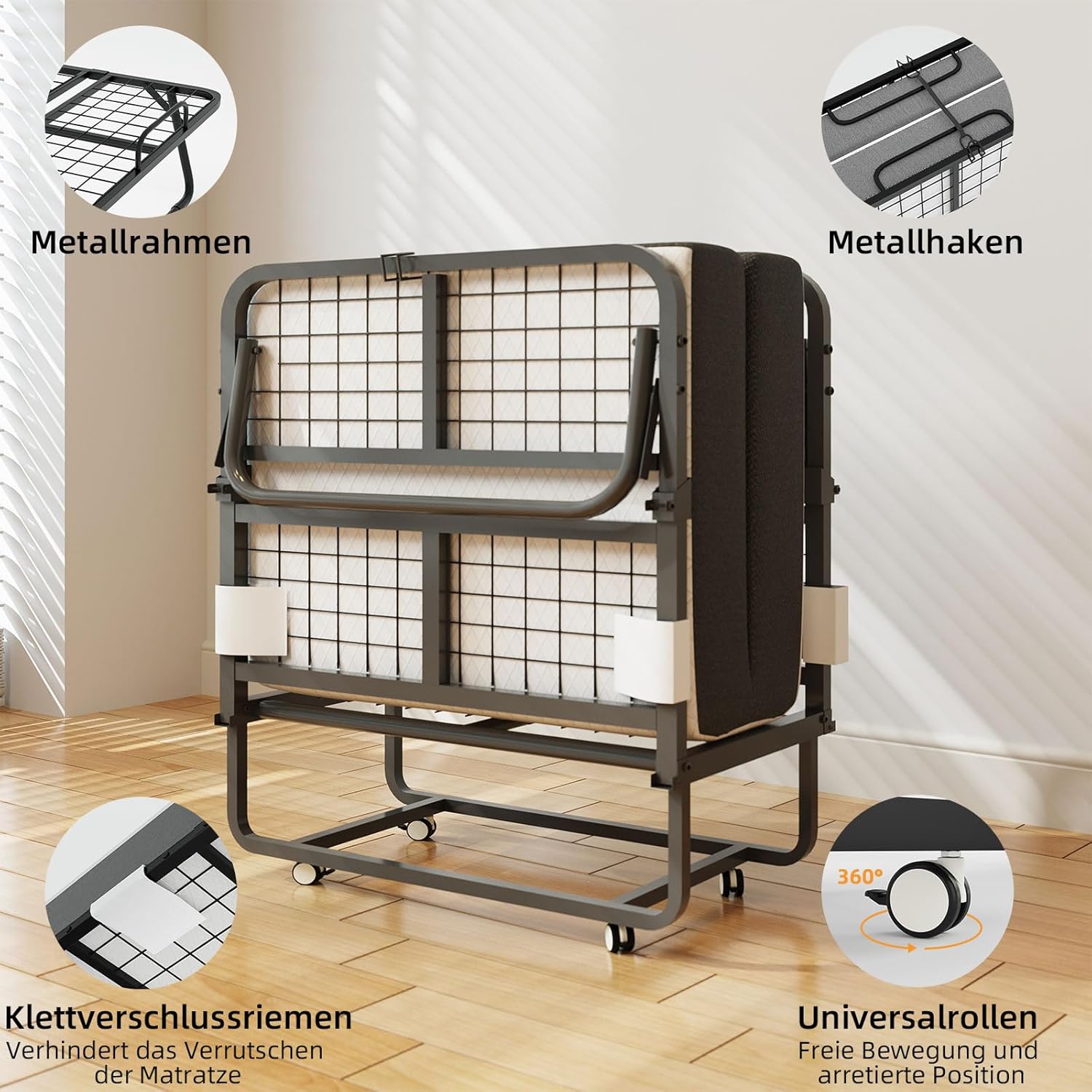 CAIYUN Klappbett 80x190cm Erwachsene mit ca.13CM Matratze aus Gedächtnisschaum Gästebett Klappbar Metallrahmen Klappbetten mit Rollen Reisebett Faltbares Metallbett Stabil bis 200 kg belastbar