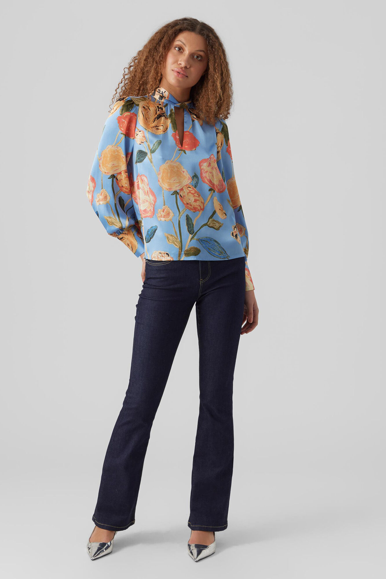 Blusa de cetim de manga comprida - Azul