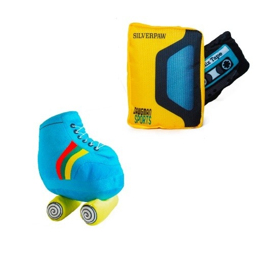 Kit Patasbox com 2 brinquedos retrô multicoloridos para cães.