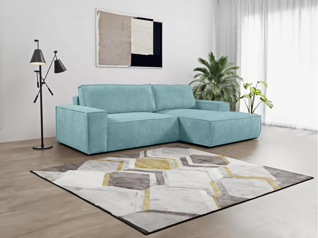 Canapé d'angle droit convertible en velours côtelé bleu turquoise AMELIA