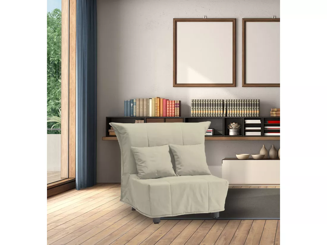 Canapé-lit Dabargi, Canapé simple, 100% Made in Italy, Fauteuil de salon avec ouverture trolley, en tissu rembourré, avec coussins inclus, 85x90h85 cm, Beige