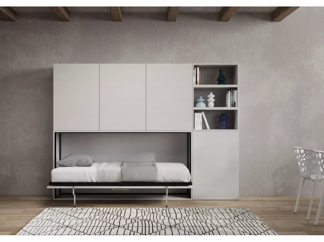 Lit escamotable horizontal blanc Bounto 85x185 avec rangement et bibliothèque composition F-