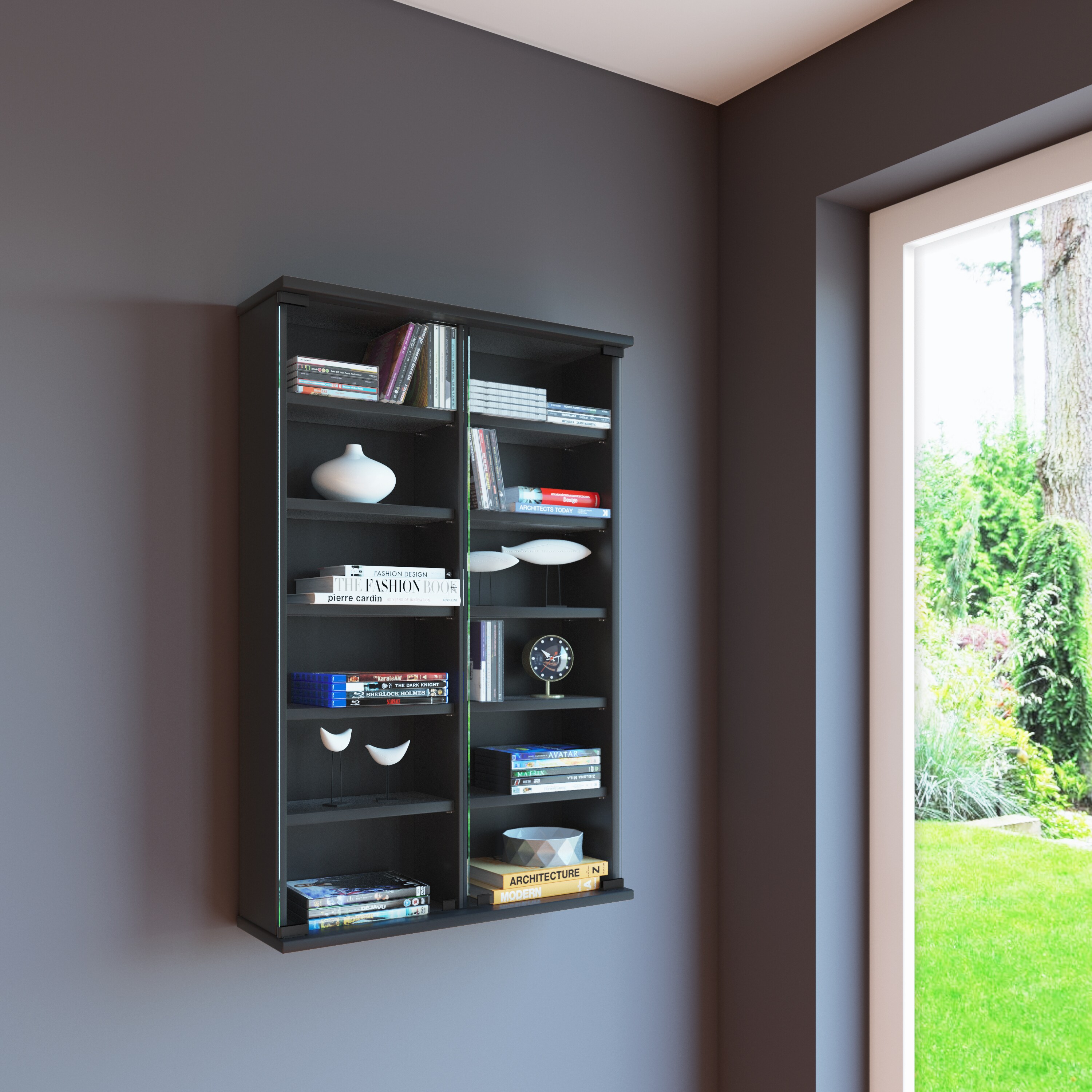VCM Holz CD DVD Wandregal Hängeregal Wand Schrank Wandvitrine Zuntisa Glastür
