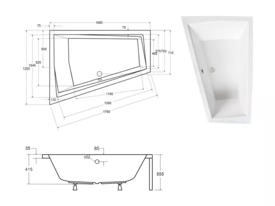 Baignoire d'angle Gauche INTIMA DUO en 170 ou 180 cm - Dimensions: 170cm