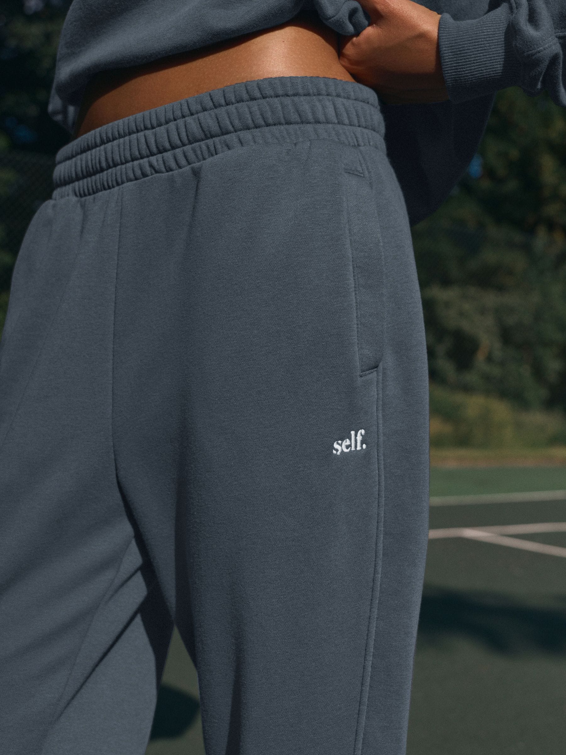 Blauw - Self. joggingbroek met boorden