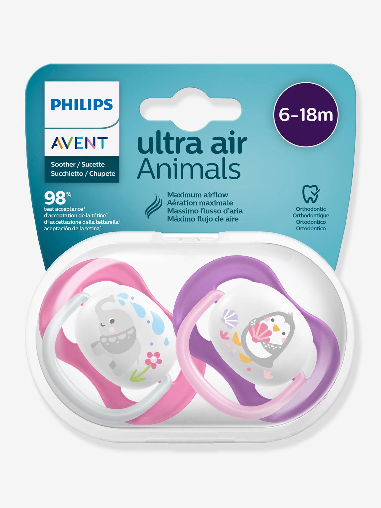 Conjunto de 2 chupetas Ultra Air Animals Philips AVENT brancas, tamanho médio, macias, com estampas.