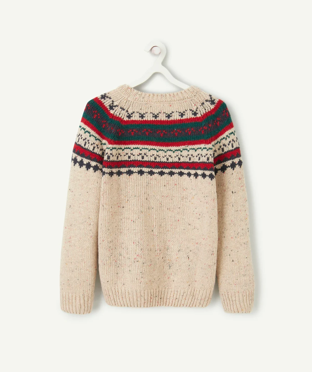 PULL DE NOËL GARÇON EN TRICOT BEIGE ROUGE VERT ET BLEU