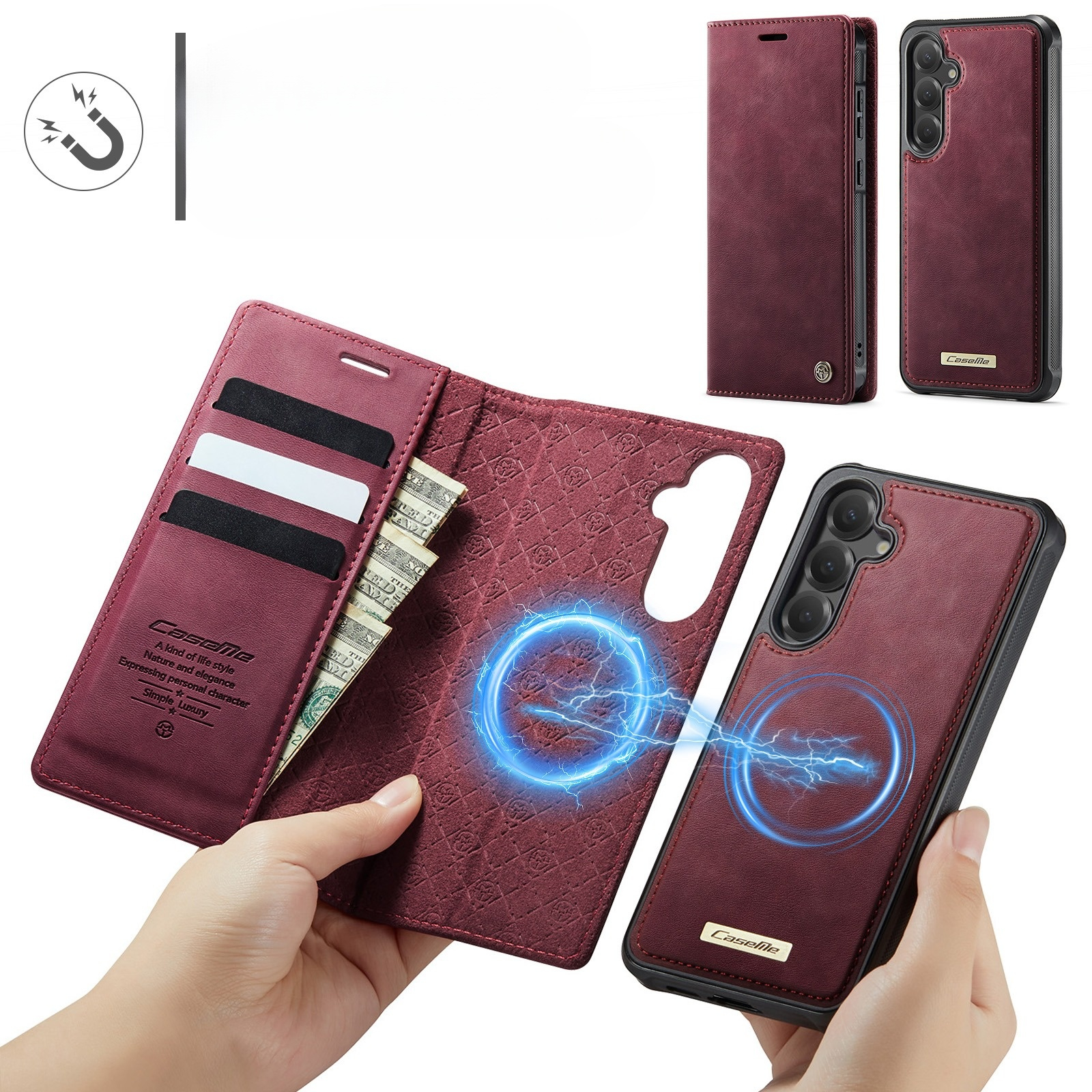 Samsung Galaxy S25 / S24 2in1 Leder Tasche   Magnet Hardcase Karten Etui MagSafe-Modul (RFID Schutz) - Rot