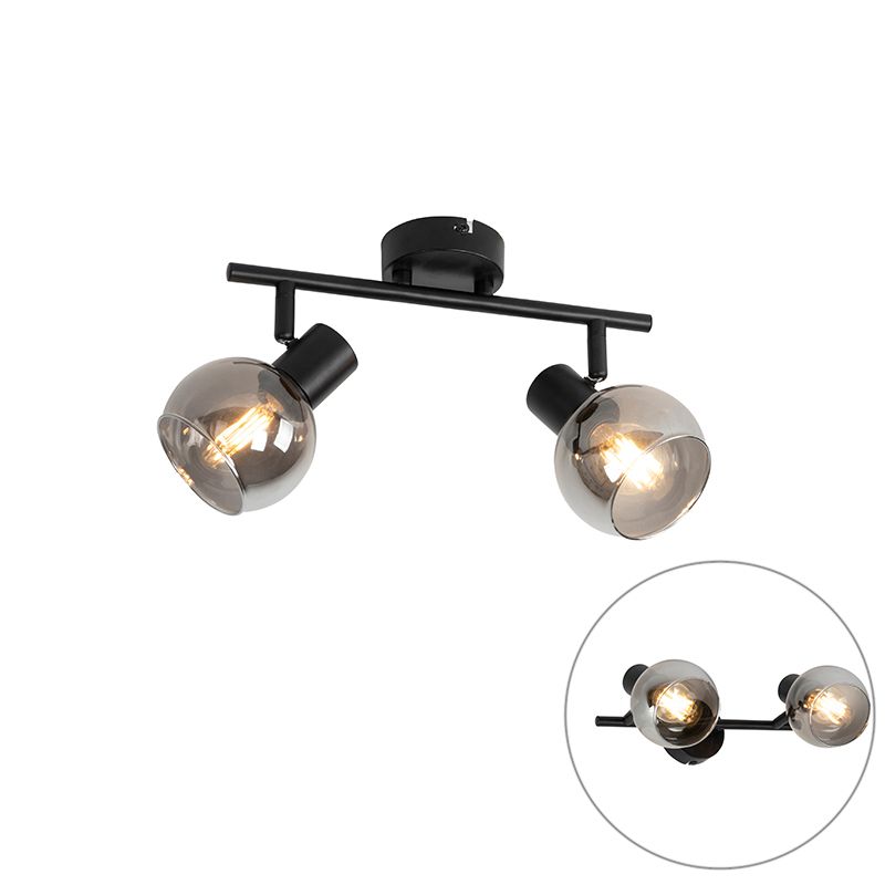 Art Deco plafondlamp zwart met smoke glas 2-lichts - Vidro