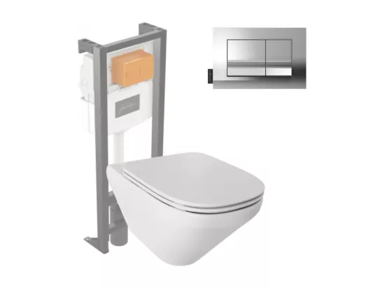 Pack WC suspendu sans bride JACOB DELAFON Modern Life + abattant + bâti-support + plaque rectangle chromé