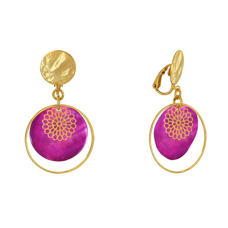 Boucles d'Oreilles Clip Métal Doré Cercle et Pastille de Nacre