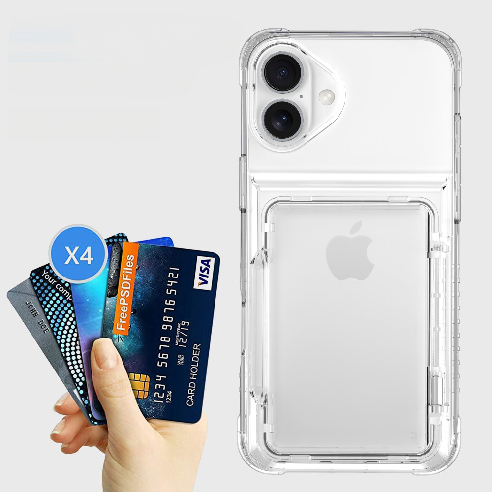 iPhone 16 Gummi Case Schutzhülle Air Cushion Fallschutz mit Kartenfach   Kickstand - Transparent