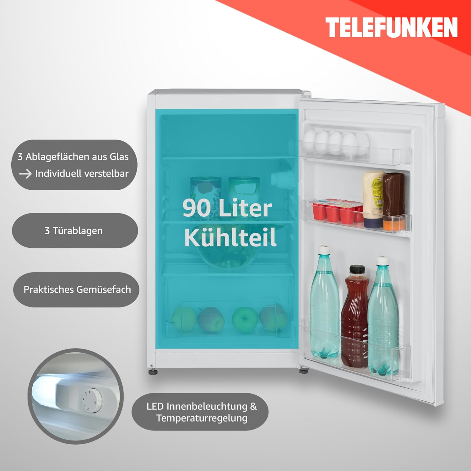 TELEFUNKEN Kühlschrank ohne Gefrierfach, Freistehend, 90 L Gesamt-Nutzinhalt, Kühlschrank klein mit Gemüsefach & 3 Ablagen, Temperaturregelung, LED Innenbeleuchtung, CF-31-121-W weiß
