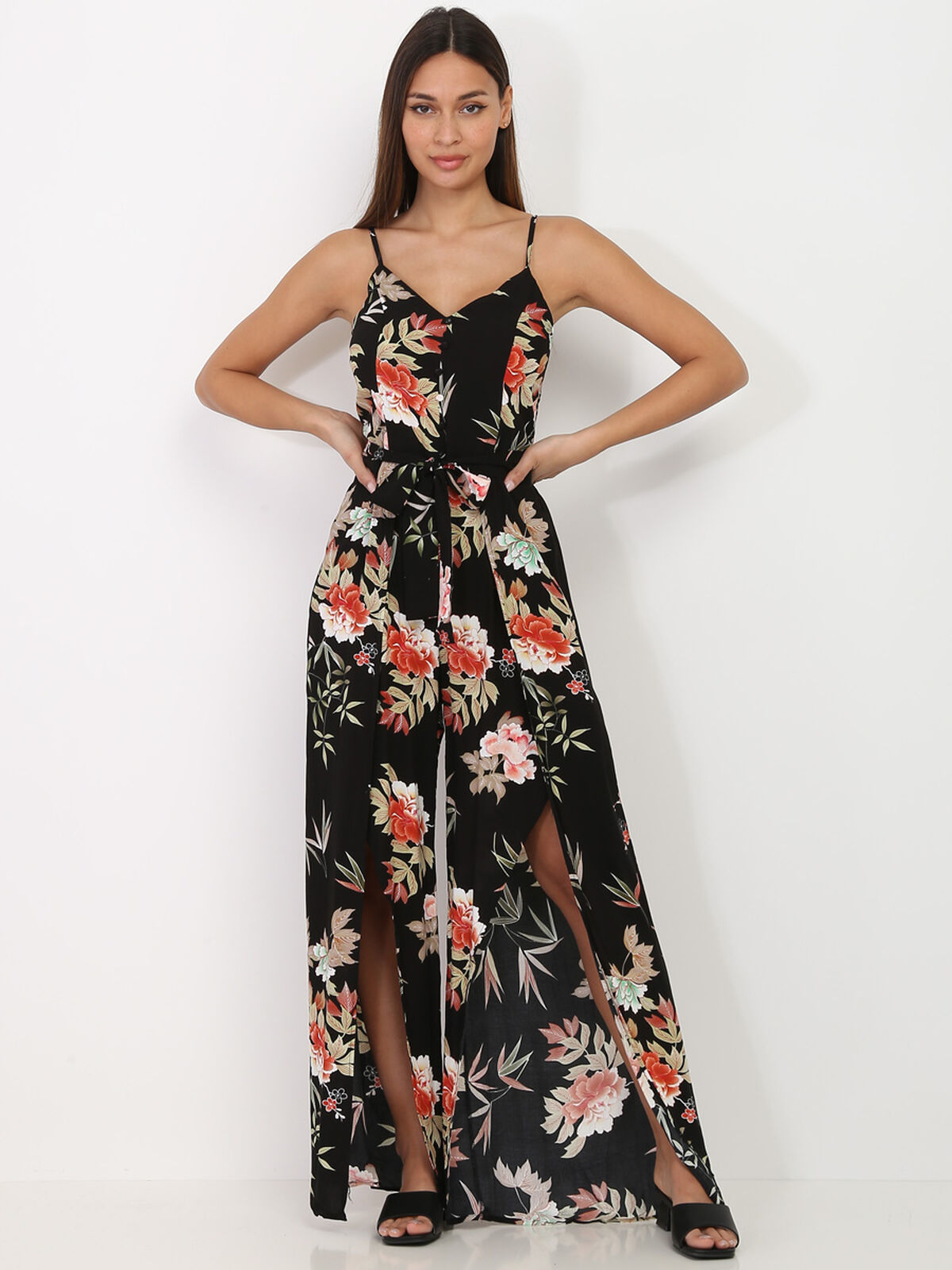 Combinaison fluide fendue à motif floral- Noir