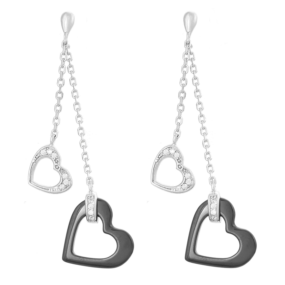 Boucles d'oreilles 2 coeurs oxyde de zirconium et céramique noire Argent 925 Rhodié