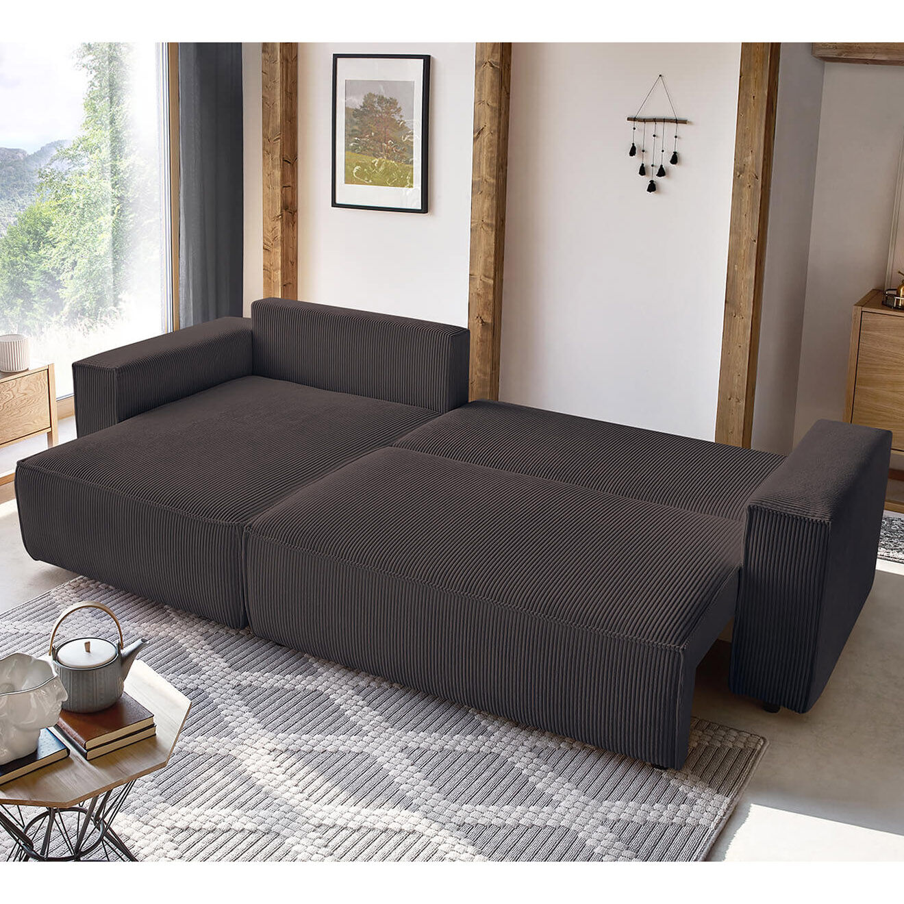 Bobochic Canapé d'angle convertible reversible Nihad en velours côtelé marron - 282x153  cm