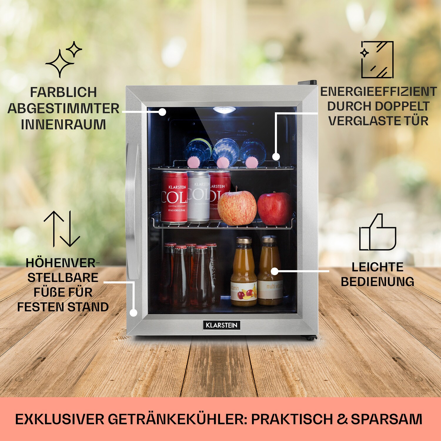 Beersafe M Kühlschrank 33 Liter 2 Böden Panoramaglastür Edelstahl
