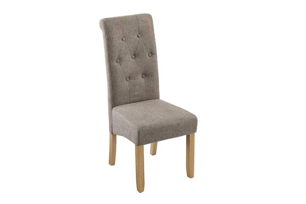 Design Stuhl CASA taupe Strukturstoff Massivholzbeine mit Zierknöpfen und Nackenrolle