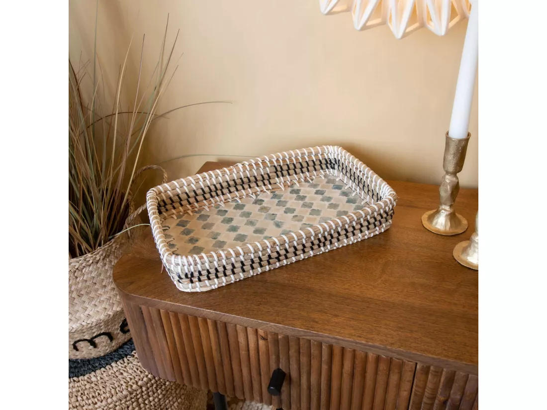 Now's Home - Plateau Rectangulaire En Jonc De Mer Et Nacre 32x19cm Paros