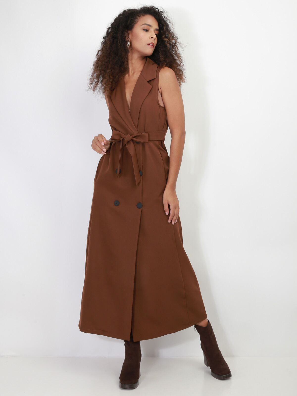 Robe longue style blazer à nouer- Marron
