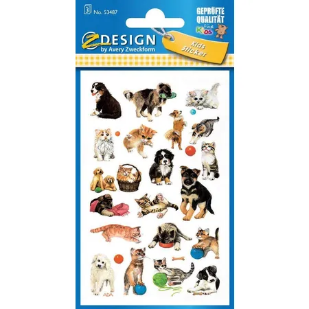 Avery Zweckform Z-Design Kinder Sticker, Ktzen, Hunde, 3 Bogen/63 Sticker