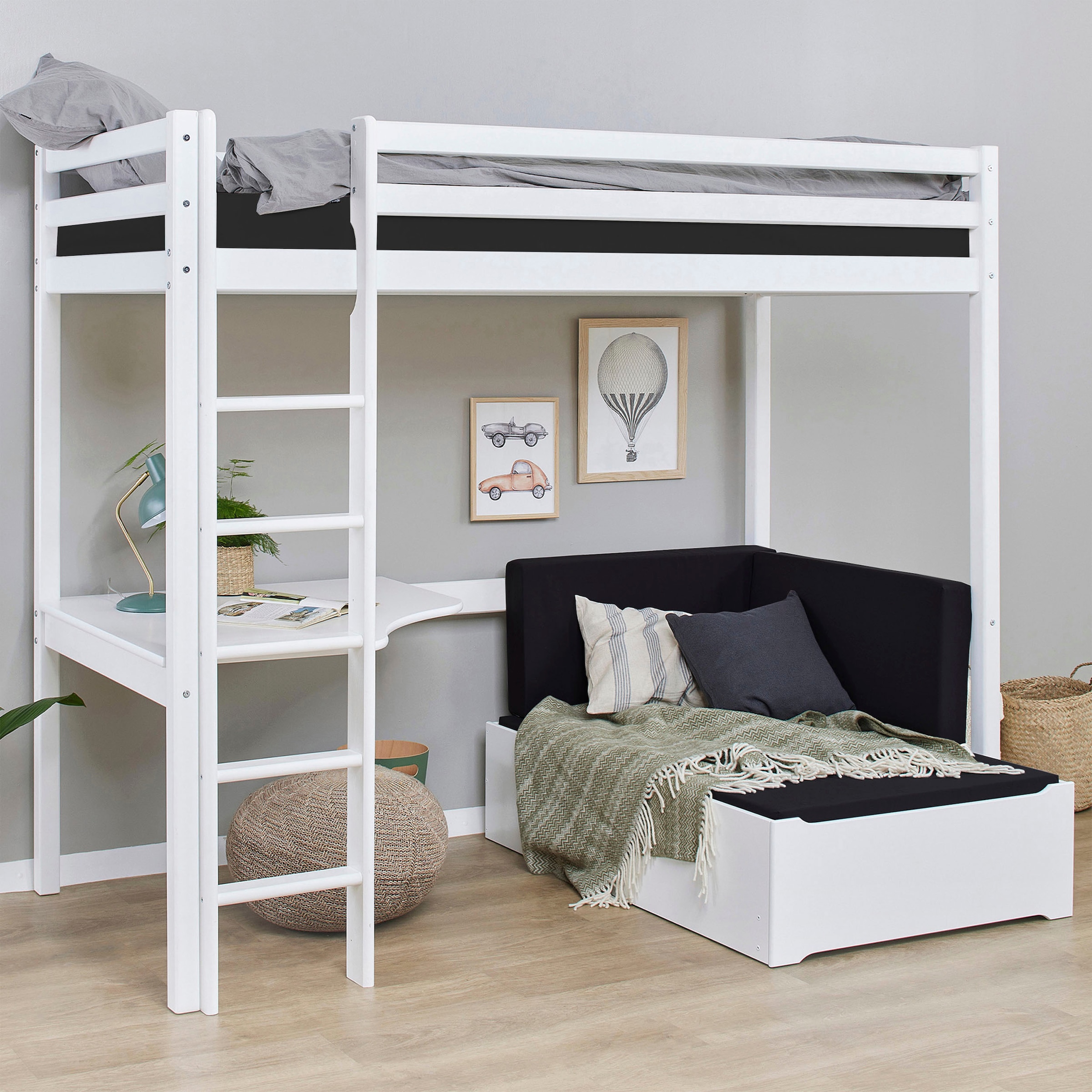 Hoppekids Hochbett »ECO Dream 90x200 mit Schreibtisch & Loungesofa / Gästebett« Kinderbett aus Massivholz, Sofa ausziehbar zum Gästebett