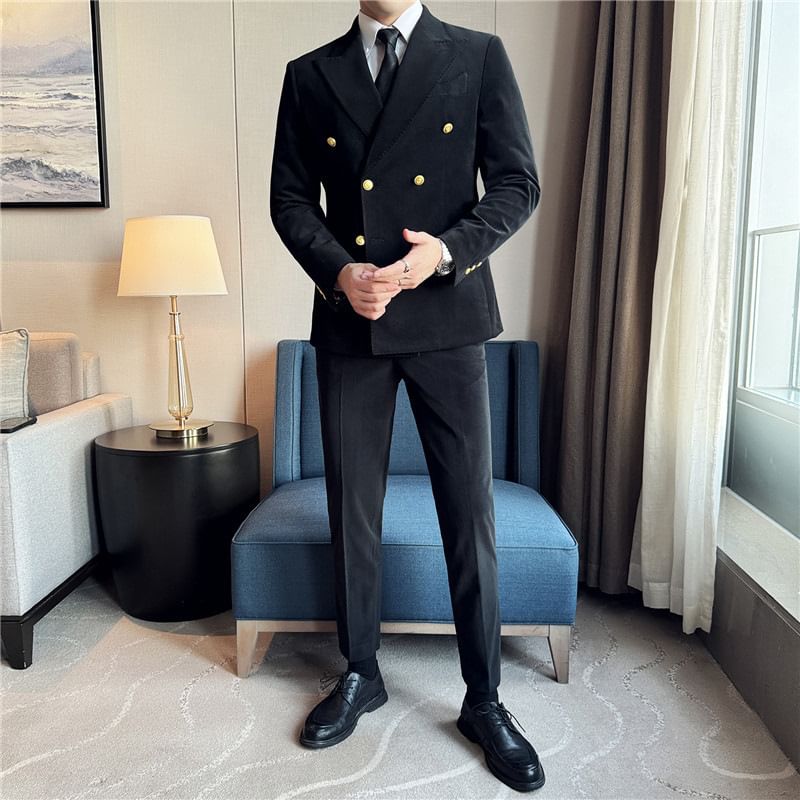 Lefitt - Set: Peak Lapel Plain Double-Breasted Blazer + High Waist Cropped Tapered Pants