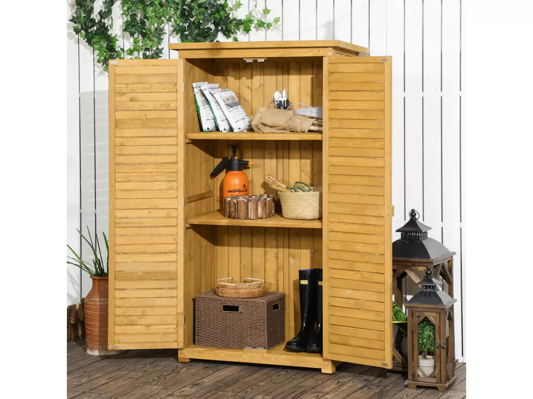 Armoire de jardin abri jardin remise pour outils sur pied 2 étagères portes persiennes toit bitumé étanche bois sapin pré-huilé