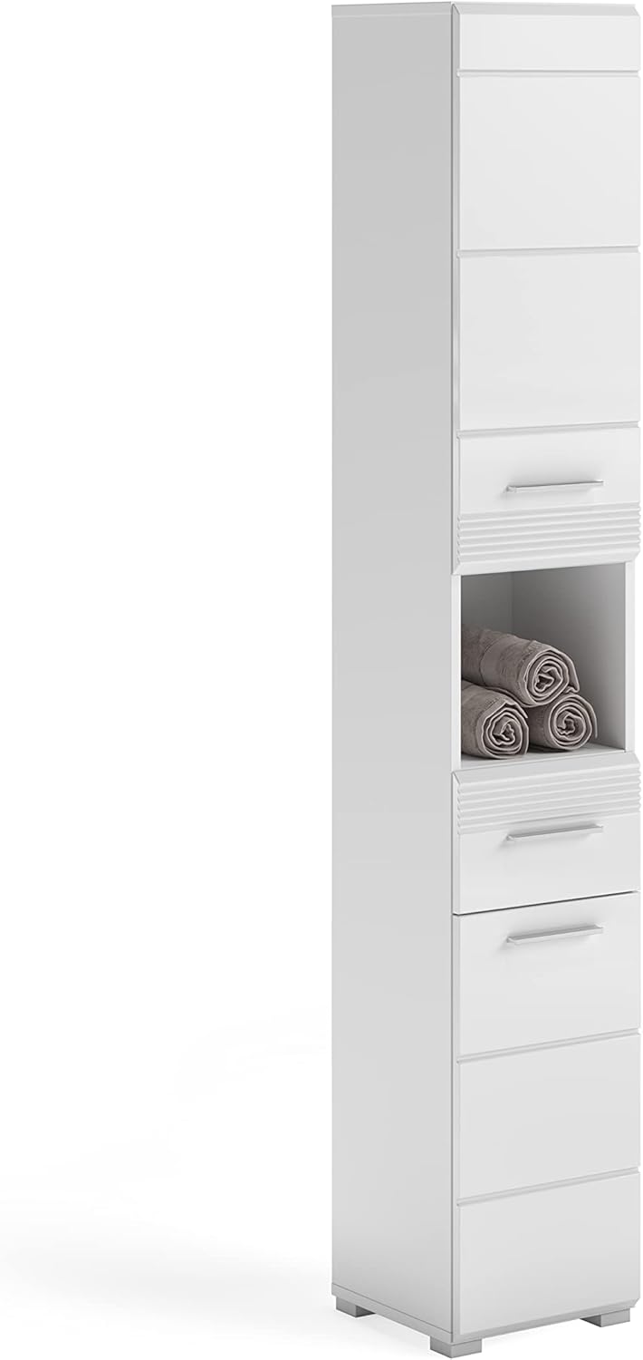 xonox.home - Hochschrank Linus 30x182x31 cm in Front weiß Hochglanz Korpus weiß - Badezimmer Badschrank schmaler Badezimmerschrank - modern, platzsparend und funktional