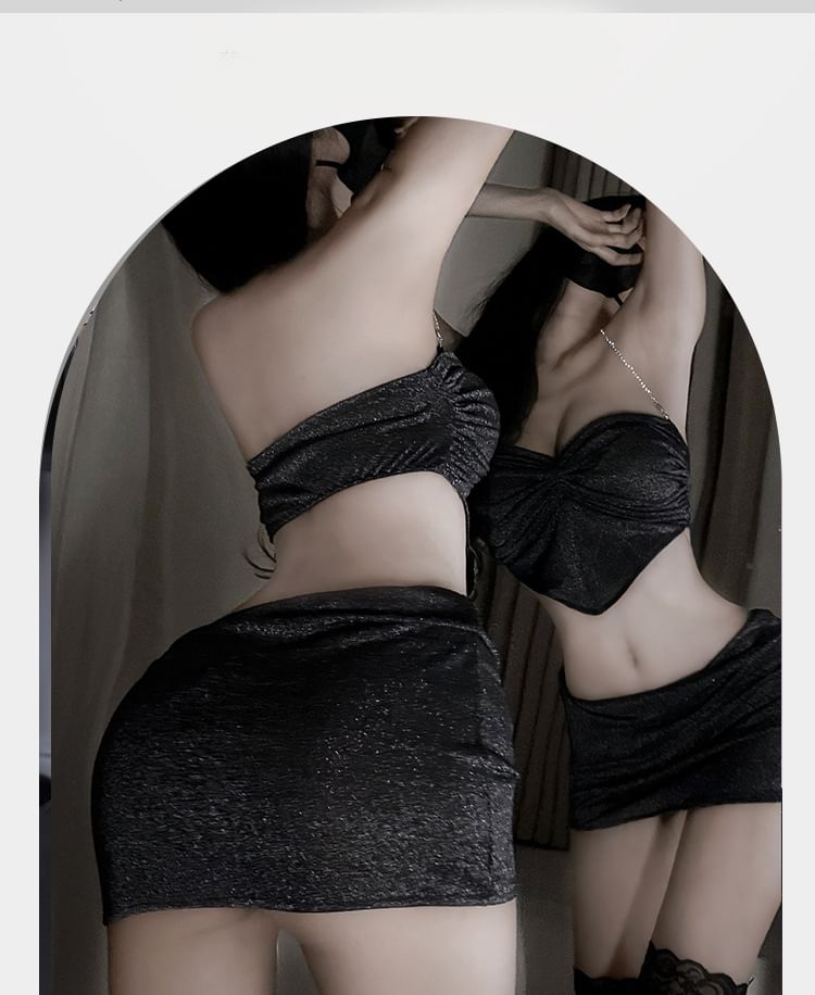 Candyiry - Set: Halter Glitter Asymmetrisch Crop Camisole + Mini Potloodrok