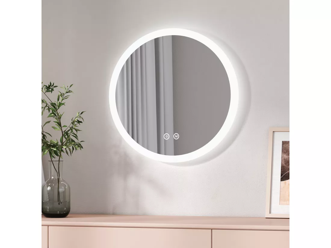 EMKE Miroir lumineux salle de bain rond diamètre 50cm, Miroir LED avec Interrupteur Tactile, Anti-buée, Miroir avec éclairage 3 couleurs
