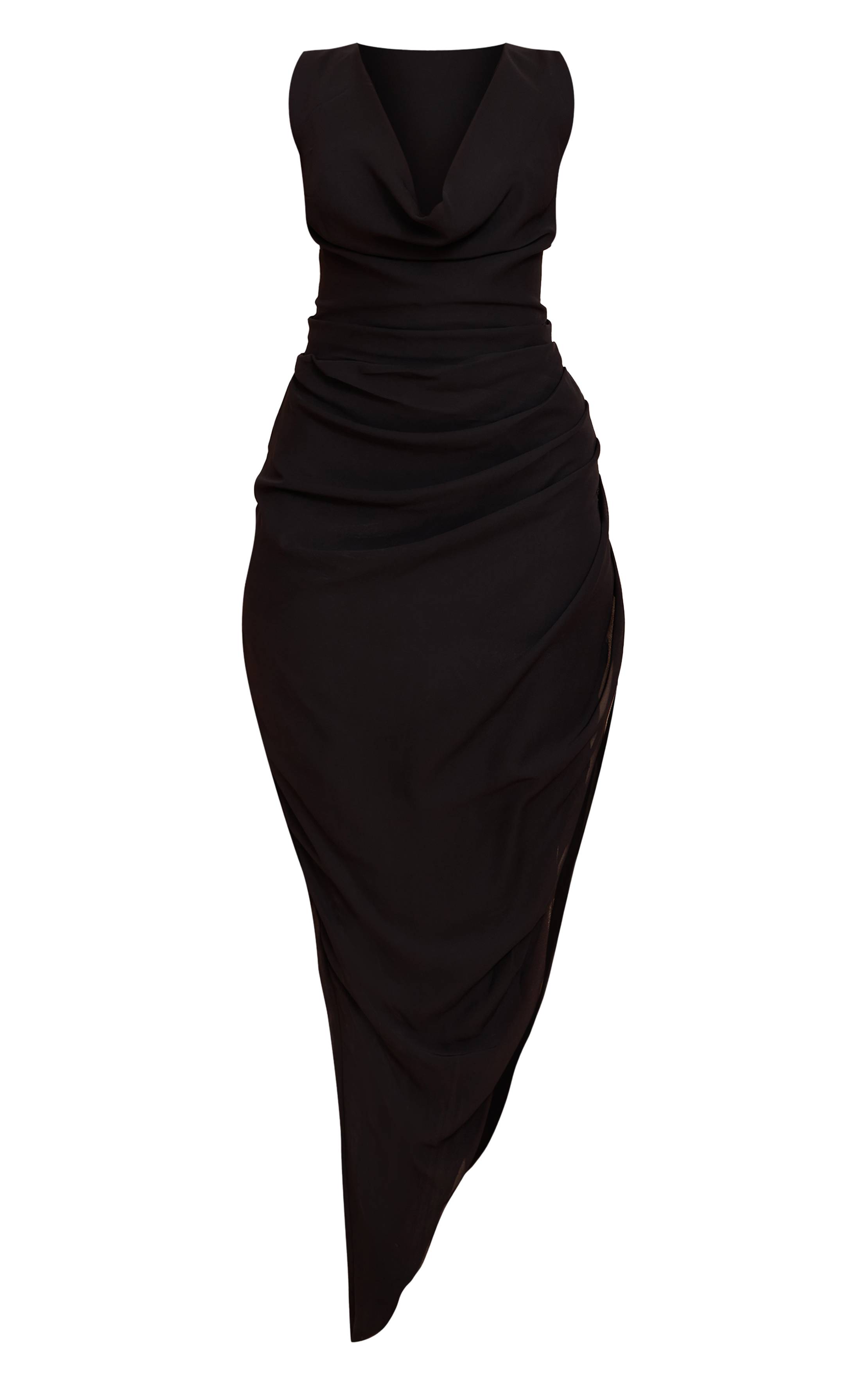Noir Robe Midi En Mousseline À Col Bénitier Et Fronces
