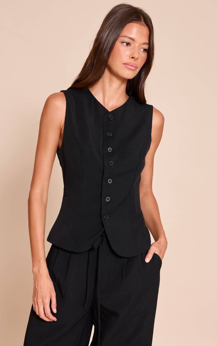 Noir Gilet Ajusté En Tissu Tissé