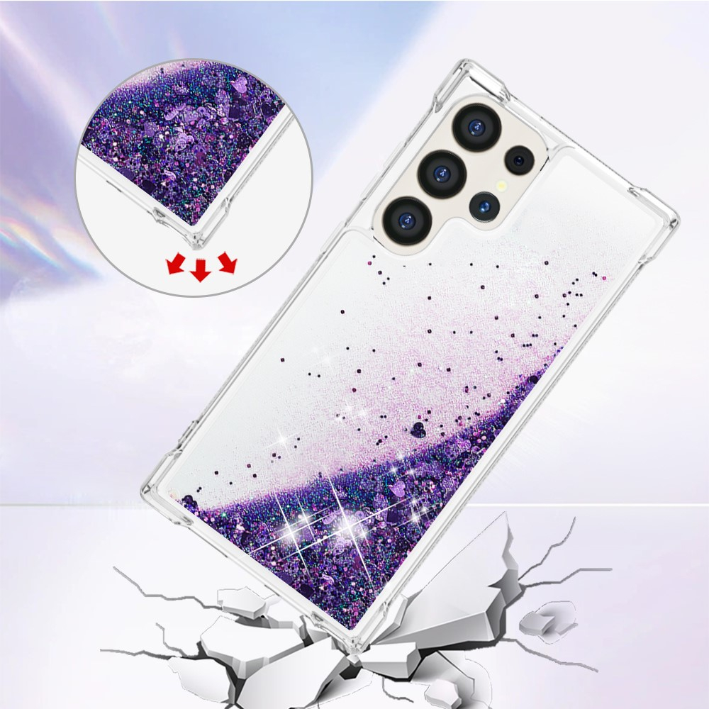 Samsung Galaxy S24 Ultra Hardcase Hülle mit Air Cushion Fallschutz Liquid Case Glitzer Herzen - Lila / Transparent