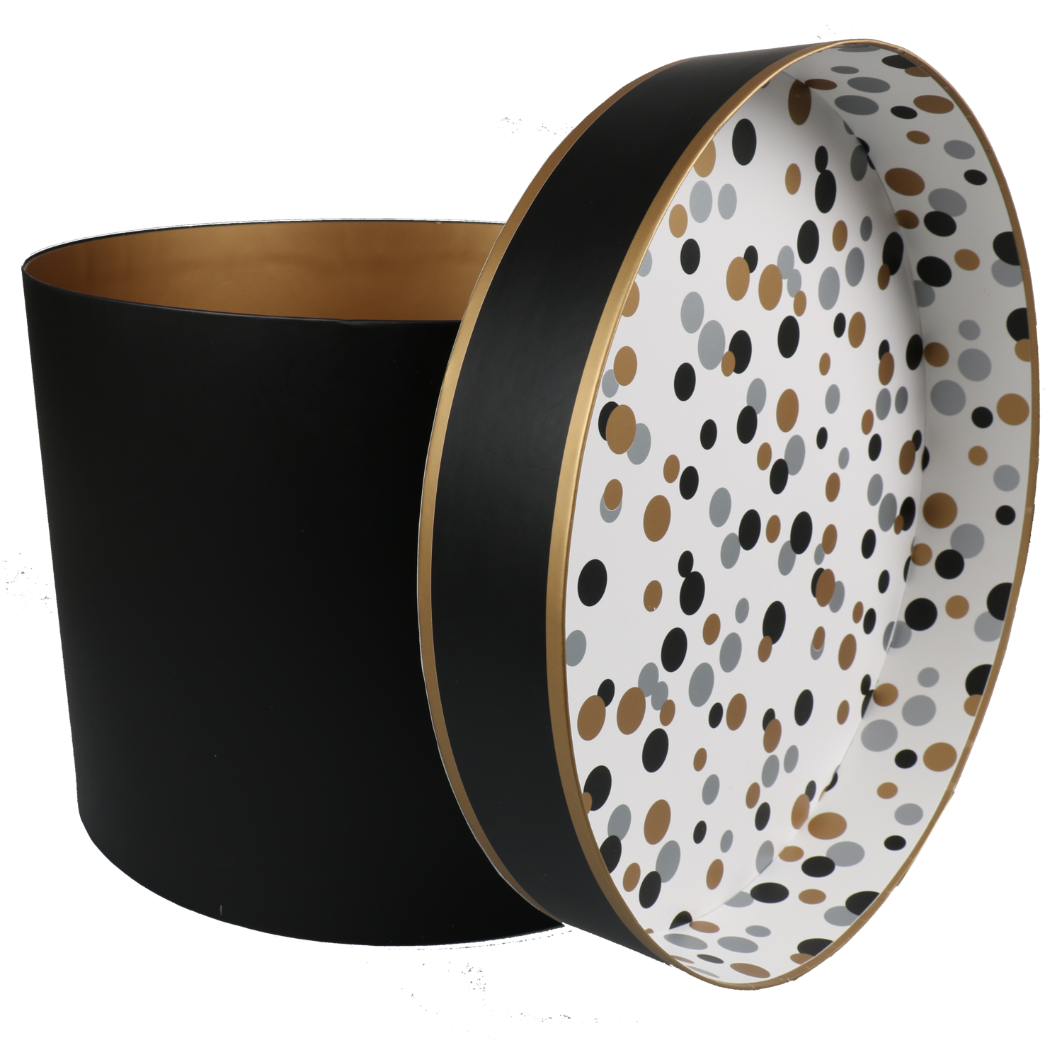 Geschenkdoos, Confetti, karton, 22cm, Ø30cm, zwart/goud