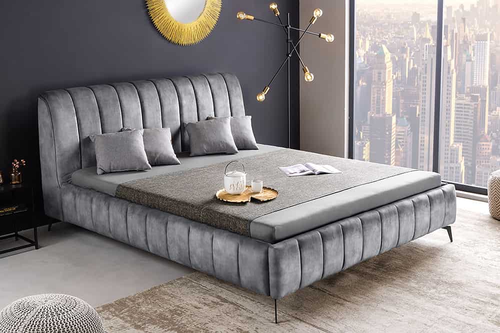 Retro Bett AMSTERDAM 180x200cm grau Samt schwarz Metall Polsterbett