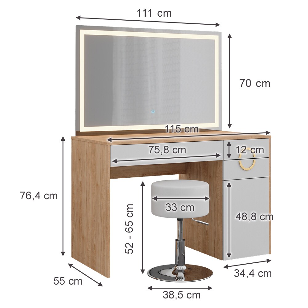 Vicco Schminktisch Adela Natural Rockford Weiß, 115x76 cm LED-Spiegel, Hocker
