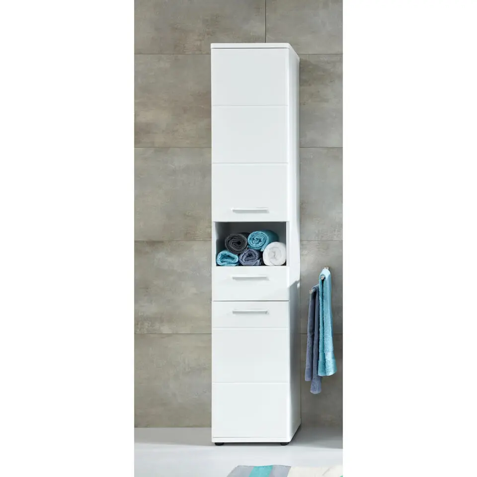 Hioshop Monte kolomkast 2 deuren- 1 lade- 1 open vak wit- wit hoogglans