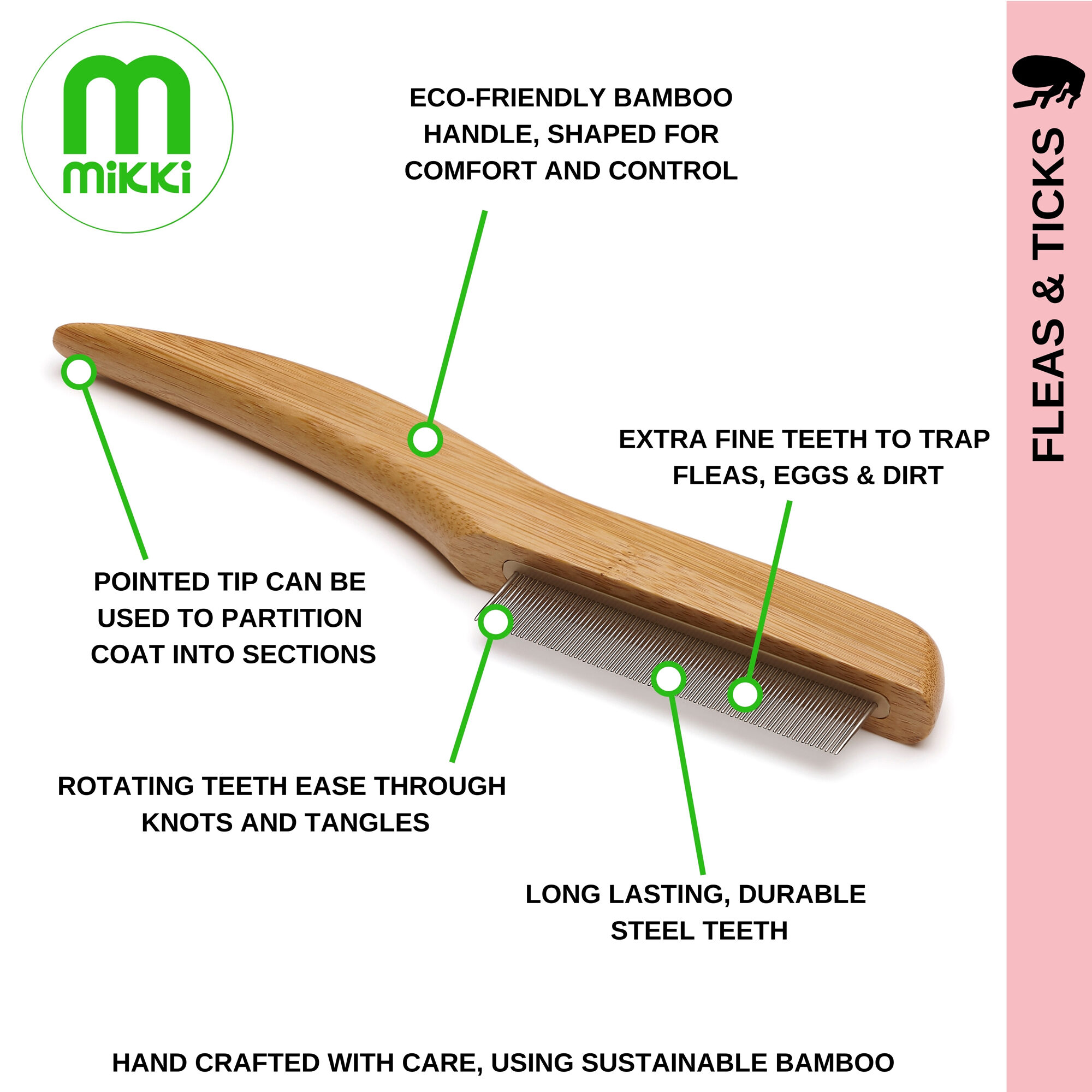 Mikki Bamboo Anti-Klit en Anti Vlooien Kam