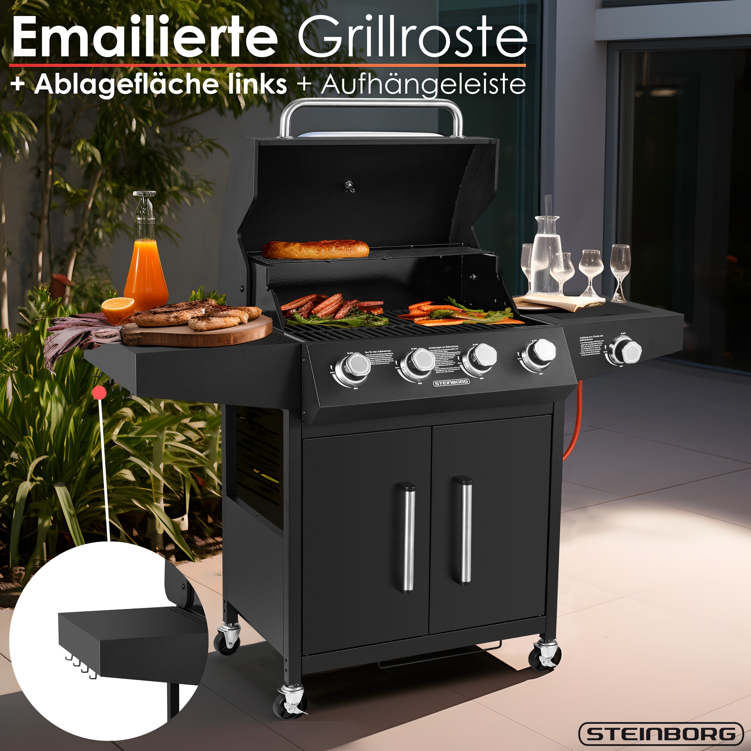 Steinborg Gasgrill 4 Brenner mit Seitenbrenner Beleuchtete Drehknöpfe