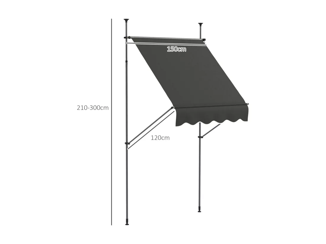 Store banne autoportant manuel rétractable 1,5L x 1,2l x 2,1-3H m inclinaison réglable métal alu polyester gris