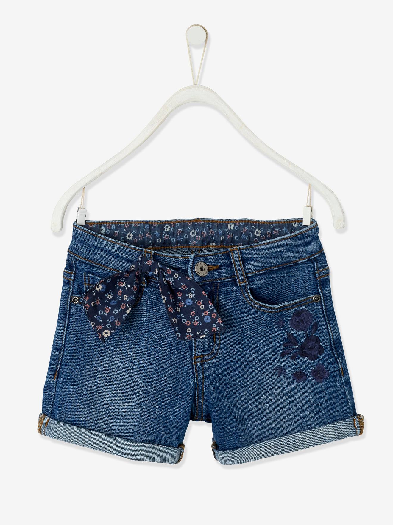 Shorts jeans bordados com laço de estampa floral, para meninas, lavagem azul escura