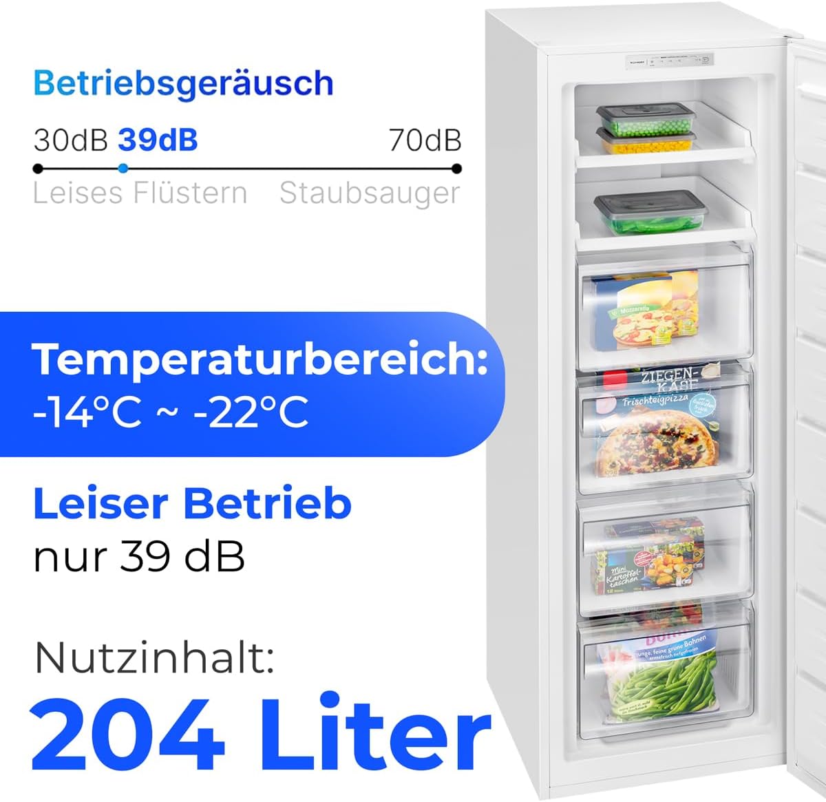 Bomann® Gefrierschrank Nofrost | Energieklasse D | 171cm | Tiefkühlschrank | MultiAirflow | leise 39dB | bis zu -22°C | Türanschlag wechselbar | 204L Freezer | Gefrierschrank gross | GS 7366 weiß