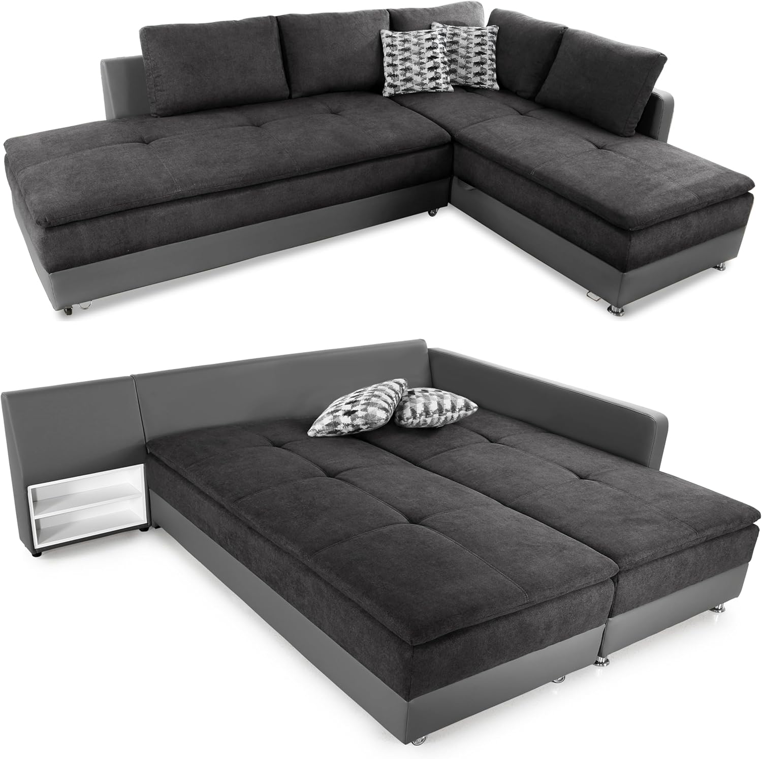 Federkern Ecksofa B306/T223/H95 cm Dauerschläfer, Doppelbett Schlaffunktion, Kaltschaum-Topper, Bettkasten, Regal, Schwenkteil LINKS, Mikrofaser-Bezug Anthrazit, Korpus Kunstleder Grau / 15105