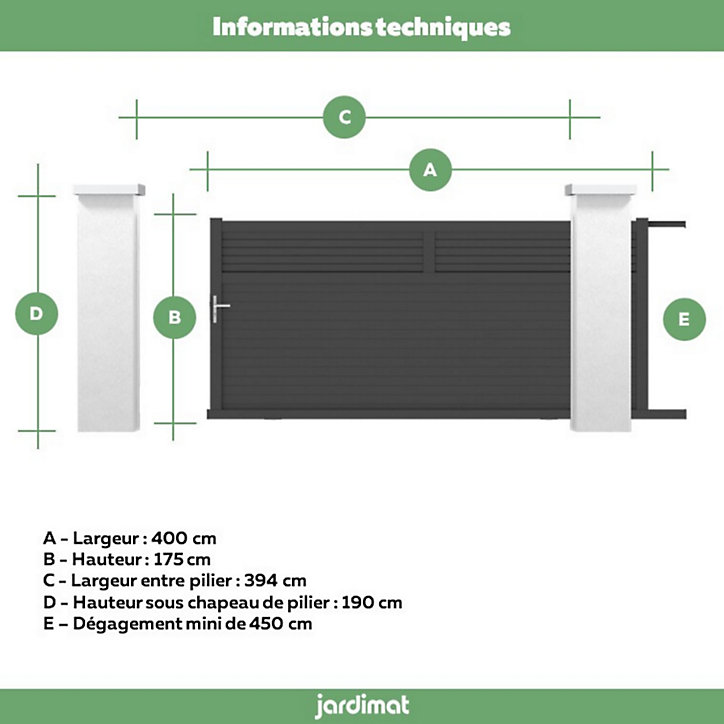 Portail Jardimat coulissant aluminium Annoire noir - 400 x h.175 cm