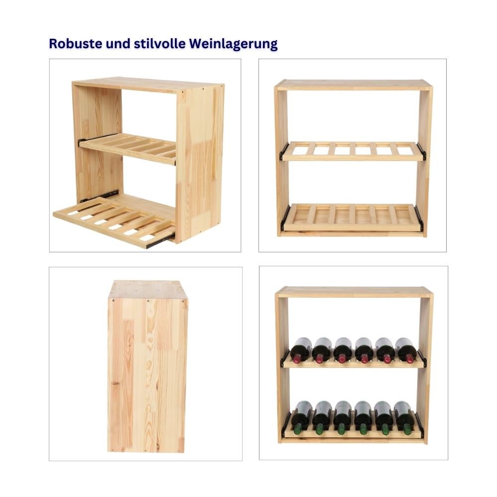 PROREGAL Modulair Wijnrek Vincellar Mod HxBxD 60 x 60 x 30 cm Module voor 12 Flessen of Wijnkratten met Uitschuifbare Planken Massief Dennenhout Natuurlijk