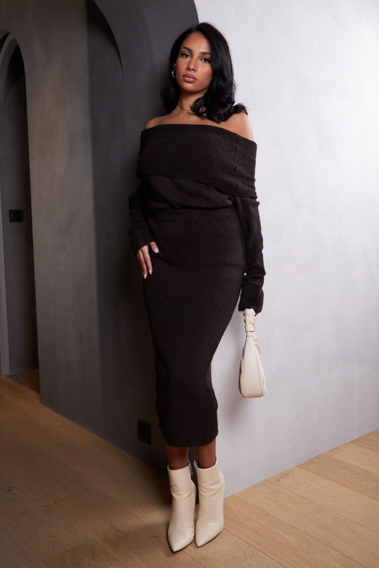 Ensemble 2 pièces pull + jupe en laine marron