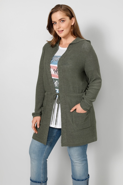 Strickjacke, Kapuze, Taillen-Bindeband, Langarm